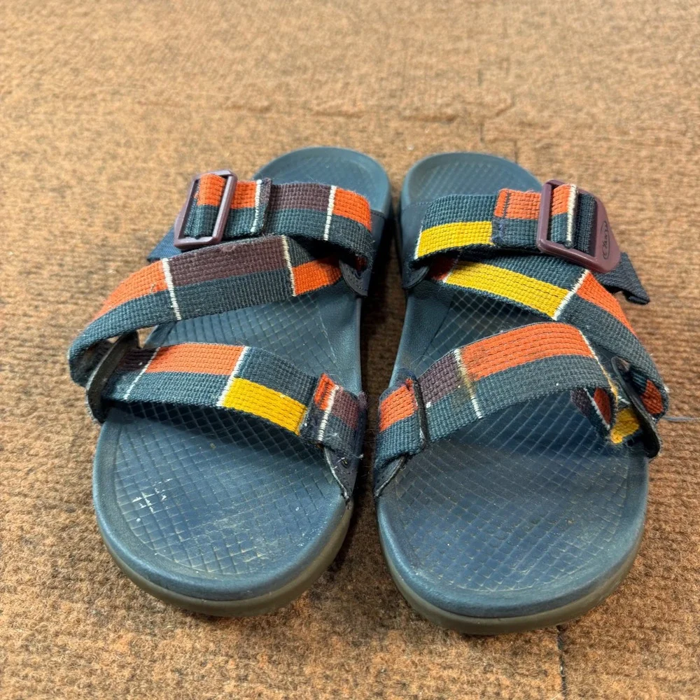 Chaco Chillos Slide Sandals Womens 7 B- Blue Multi Color Striped Straps J106604